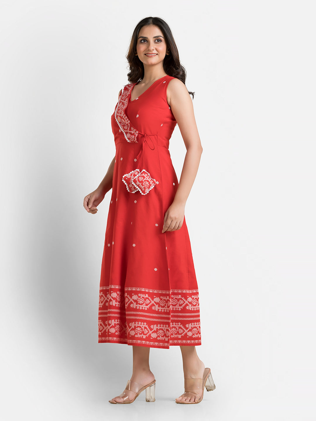 Women's Red Angaraksha Pattern Cotton Dress