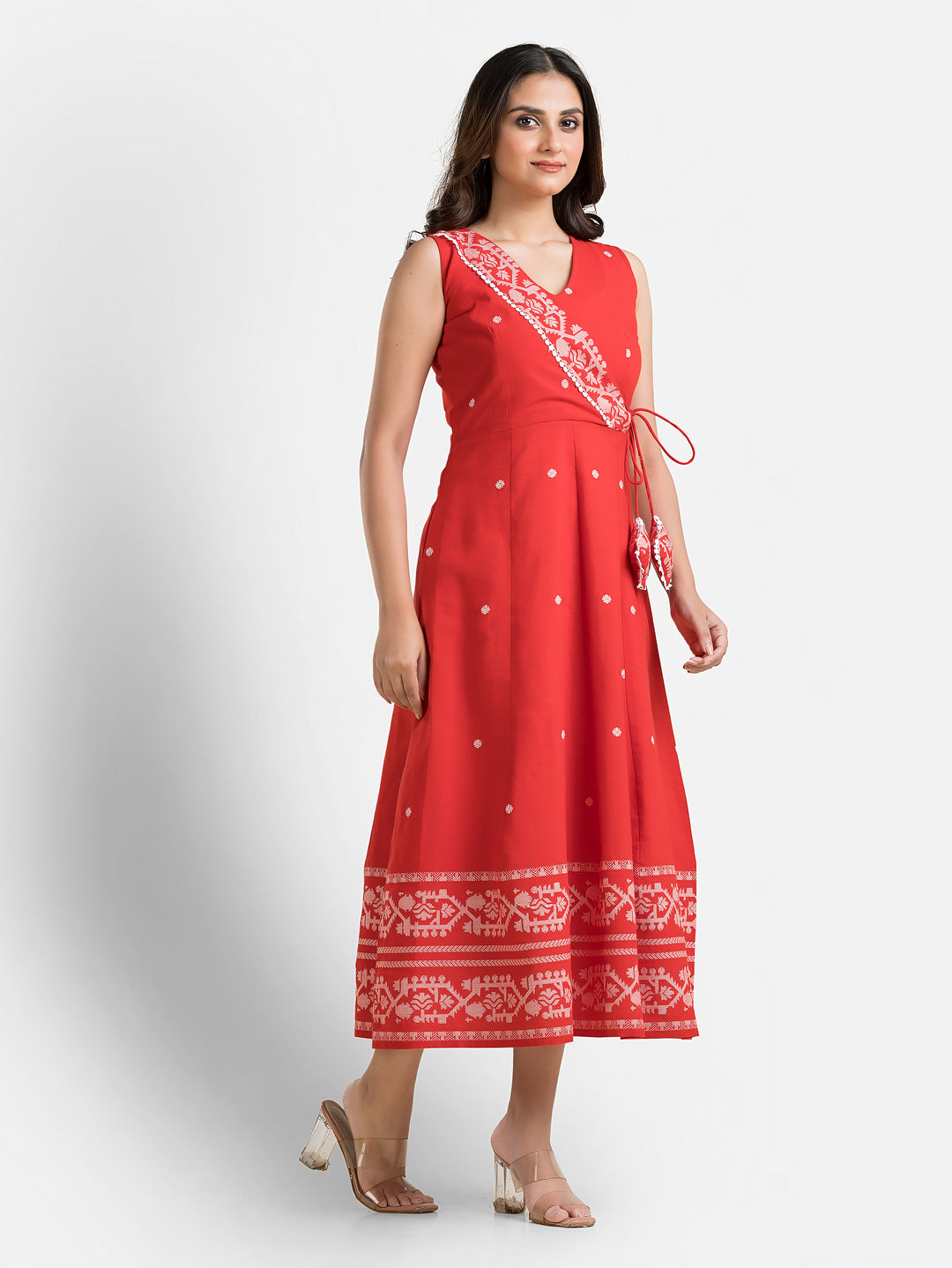 Women's Red Angaraksha Pattern Cotton Dress