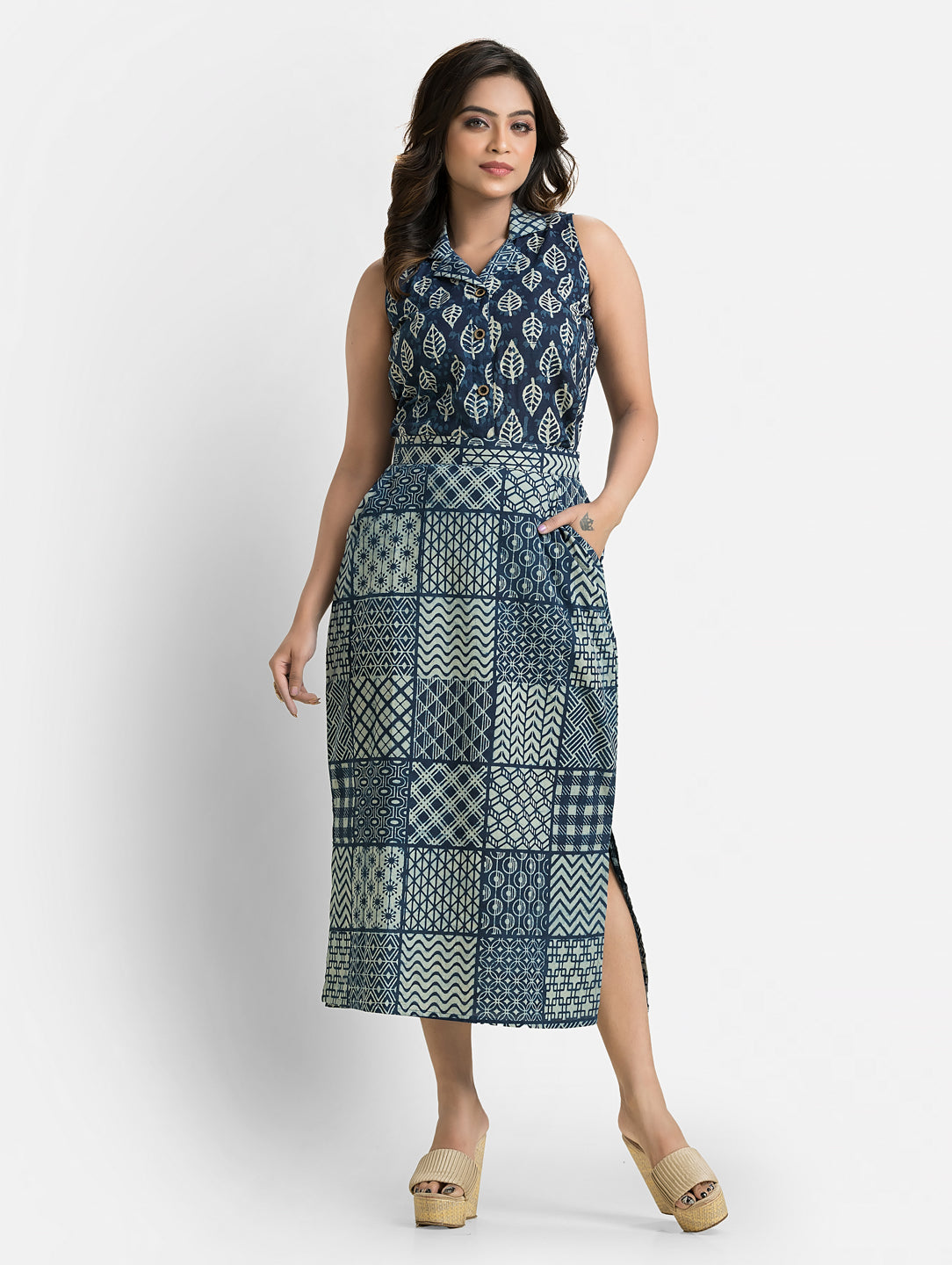 Women's Blue Cotton Top With Pencil Skirt