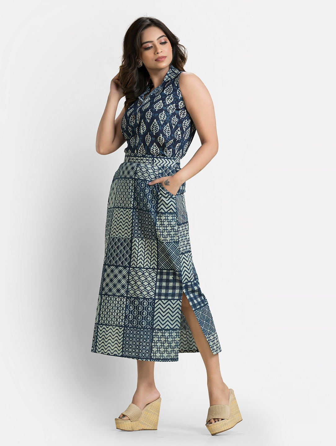 Women's Blue Cotton Top With Pencil Skirt