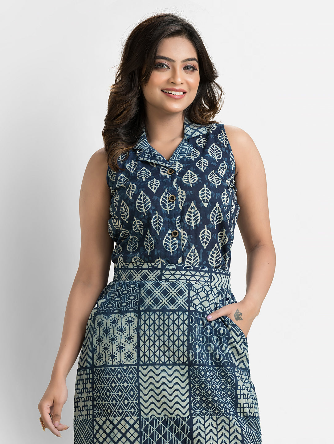 Women's Blue Cotton Top With Pencil Skirt