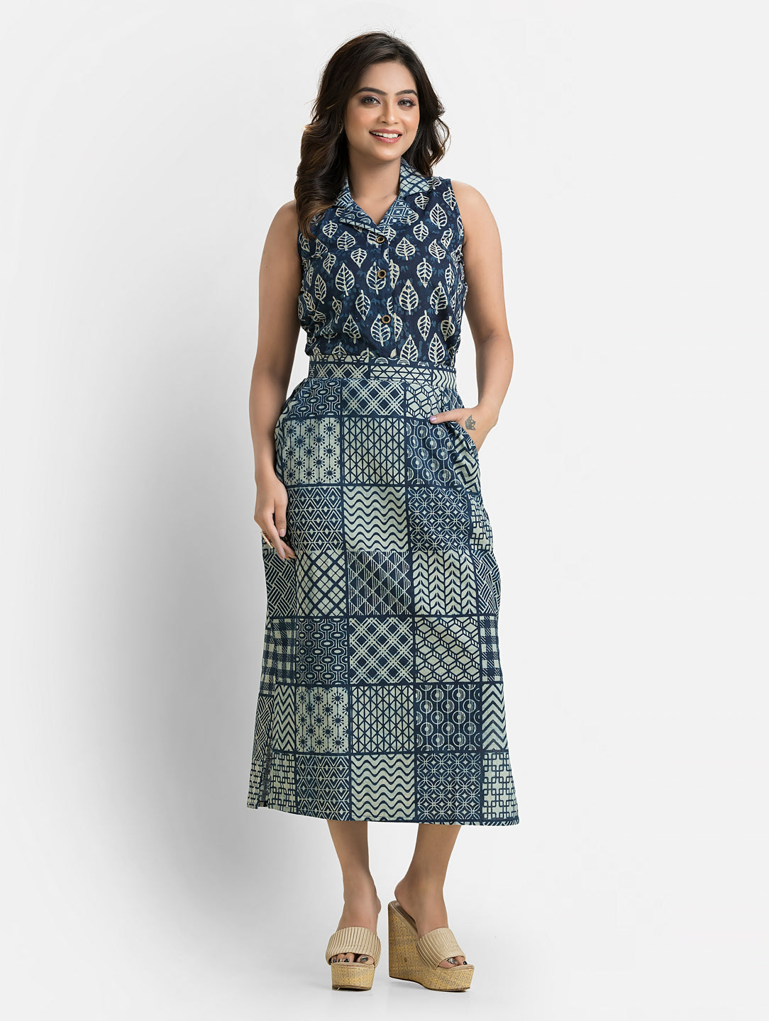 Women's Blue Cotton Top With Pencil Skirt