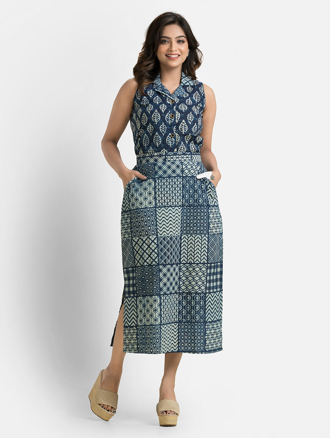 Women's Blue Cotton Top With Pencil Skirt