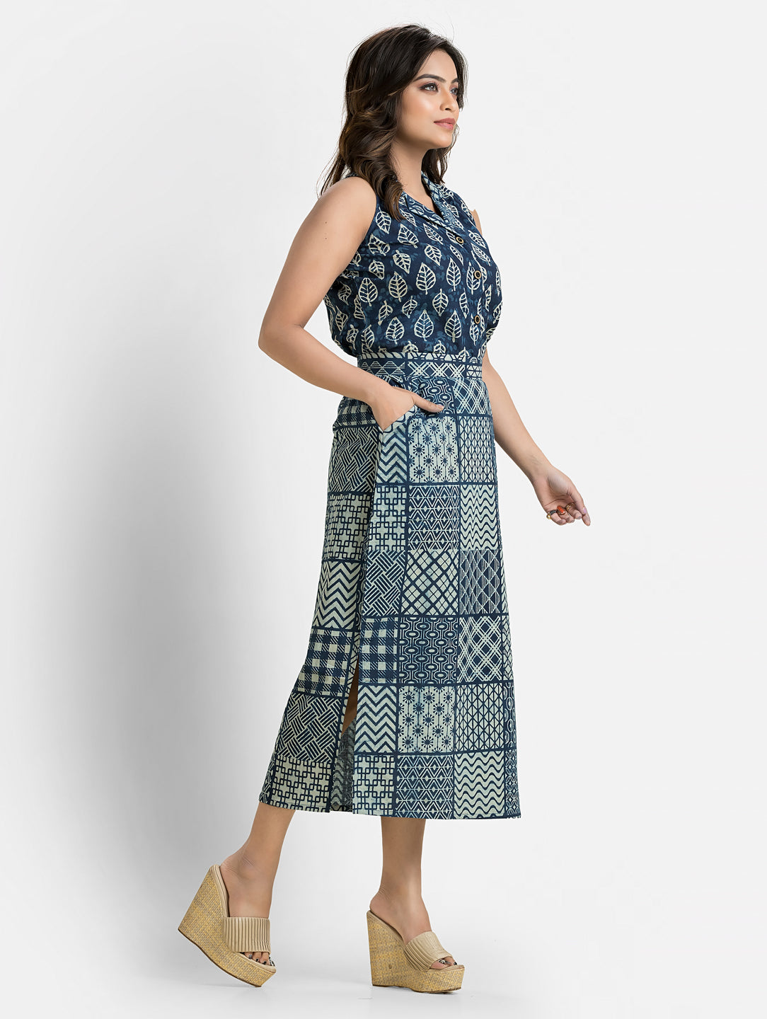 Women's Blue Cotton Top With Pencil Skirt