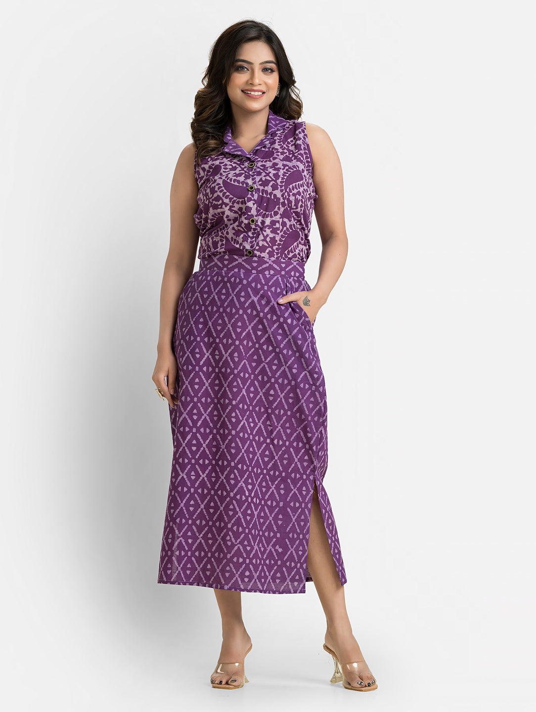 Women's Purple Cotton Top With Pencil Skirt