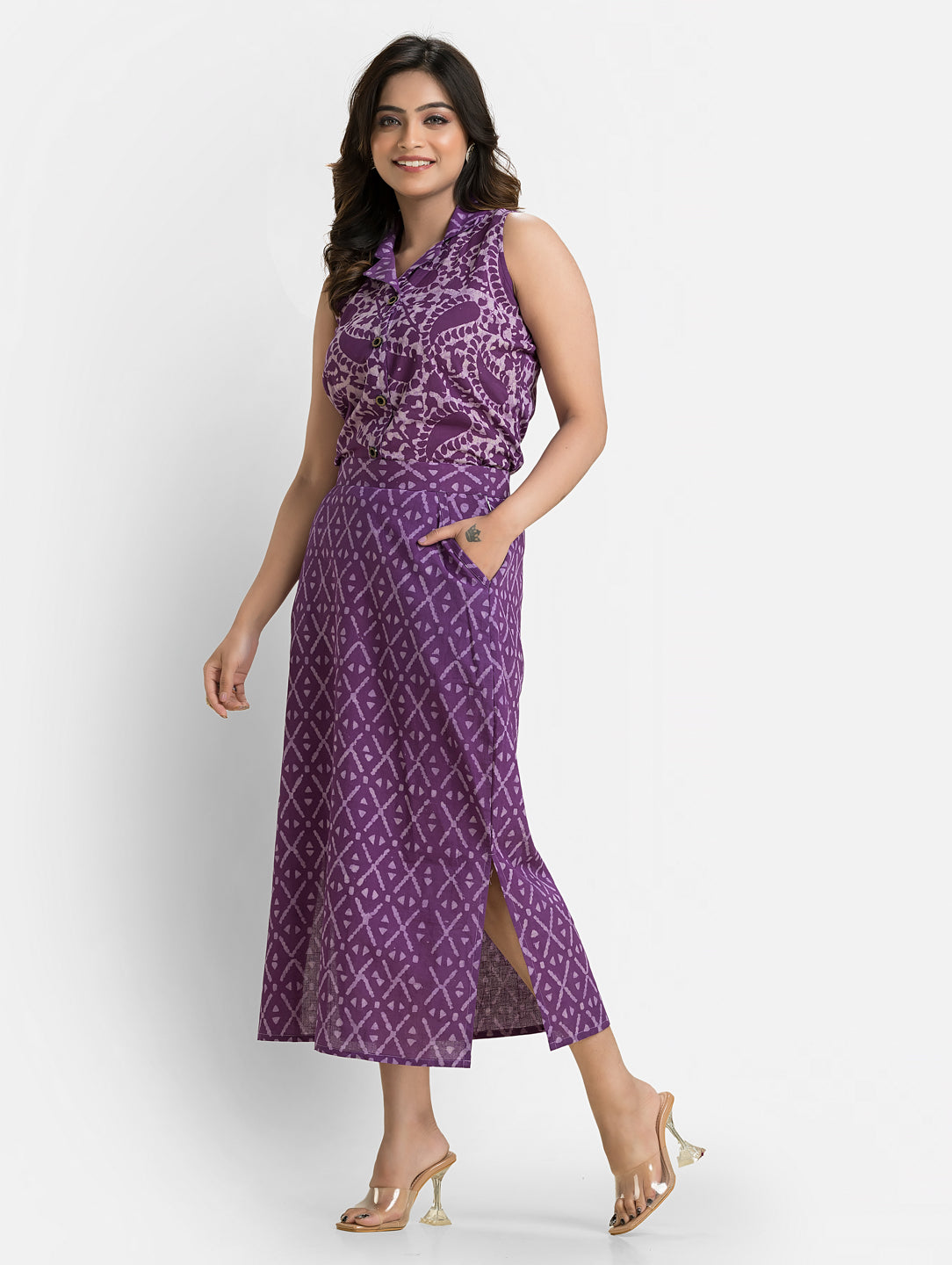 Women's Purple Cotton Top With Pencil Skirt