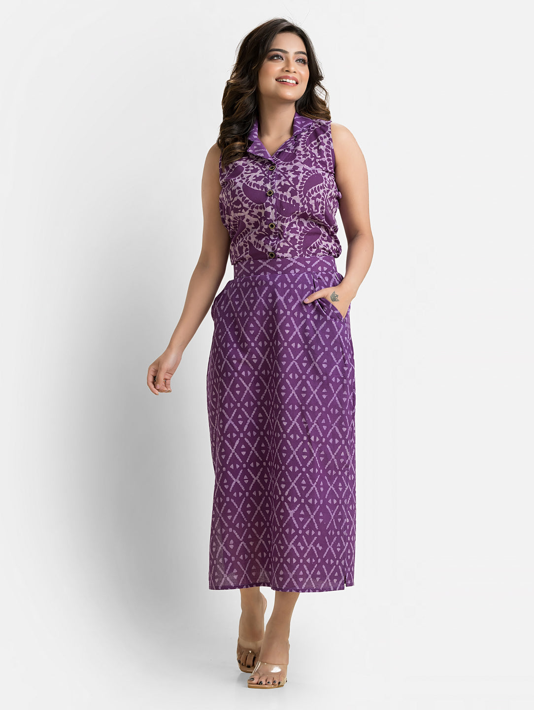 Women's Purple Cotton Top With Pencil Skirt