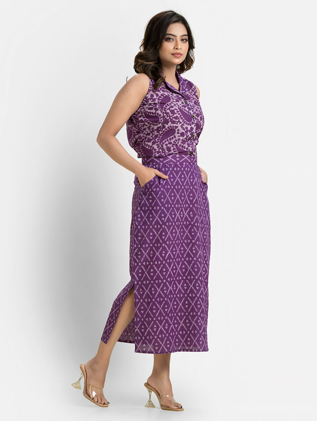 Women's Purple Cotton Top With Pencil Skirt