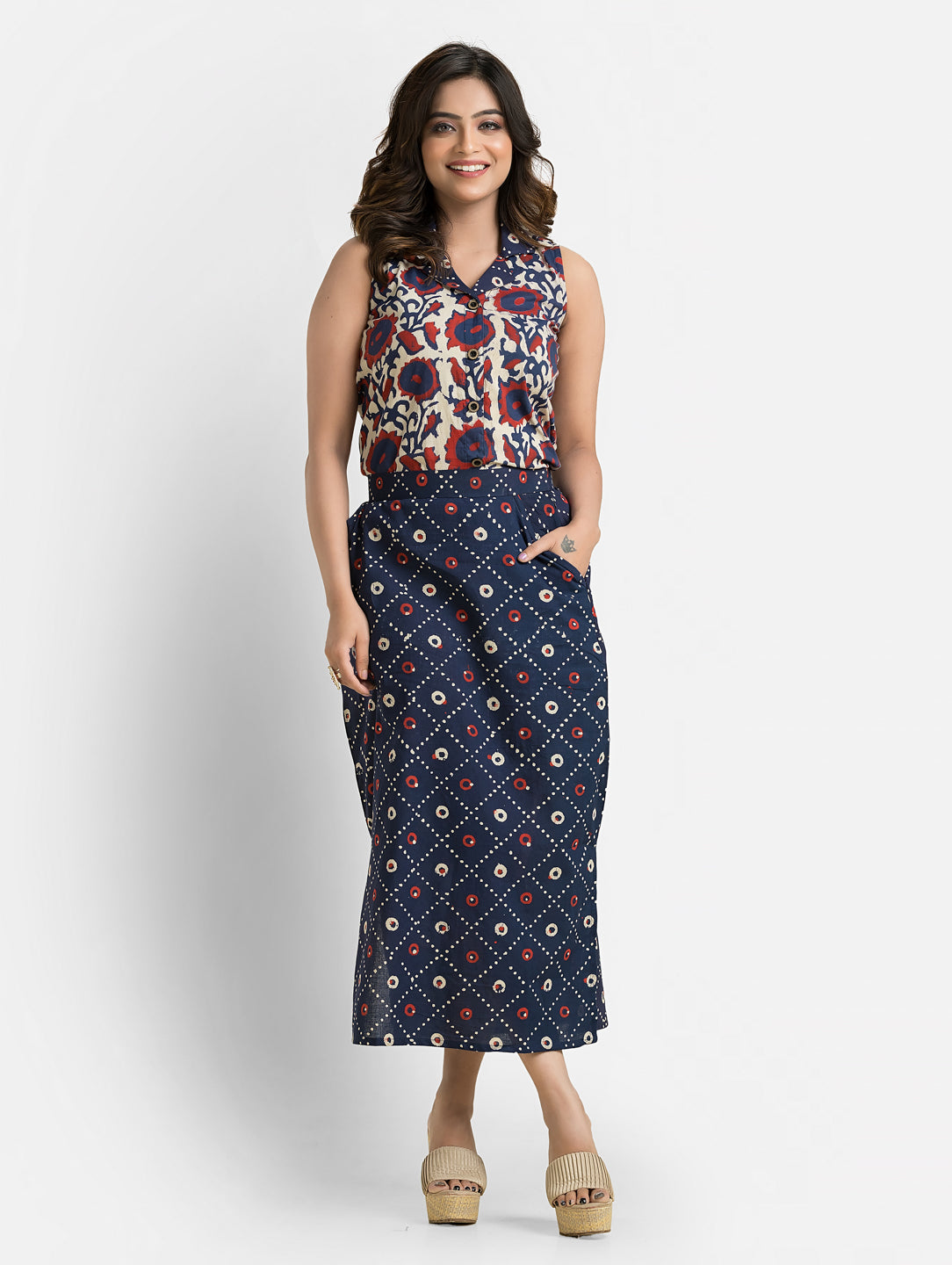 Women's Blue Floral Printed Cotton Top With Pencil Skirt
