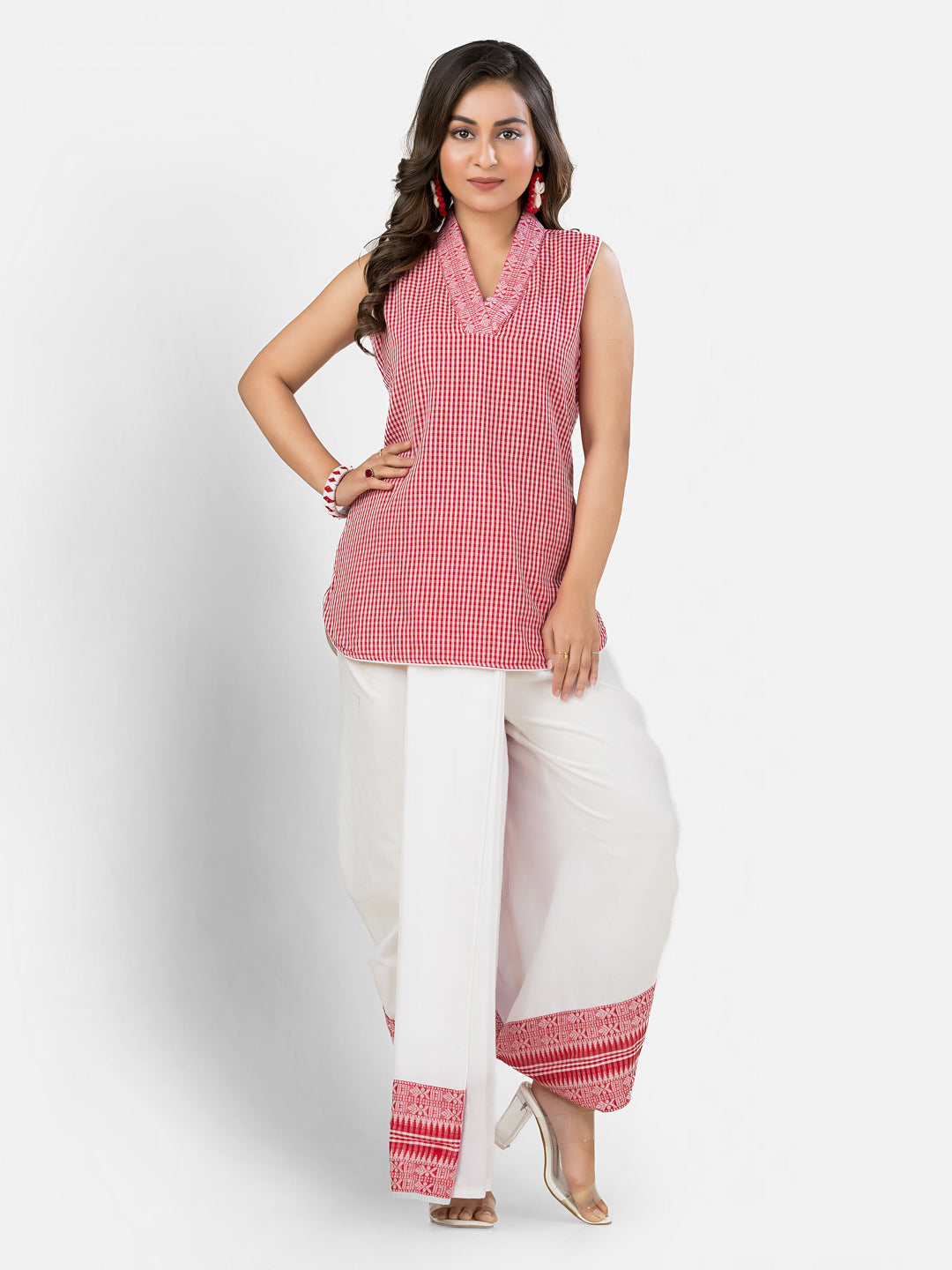 Women's Red Dhonekhali Wrapped Dhoti Co-ord Set