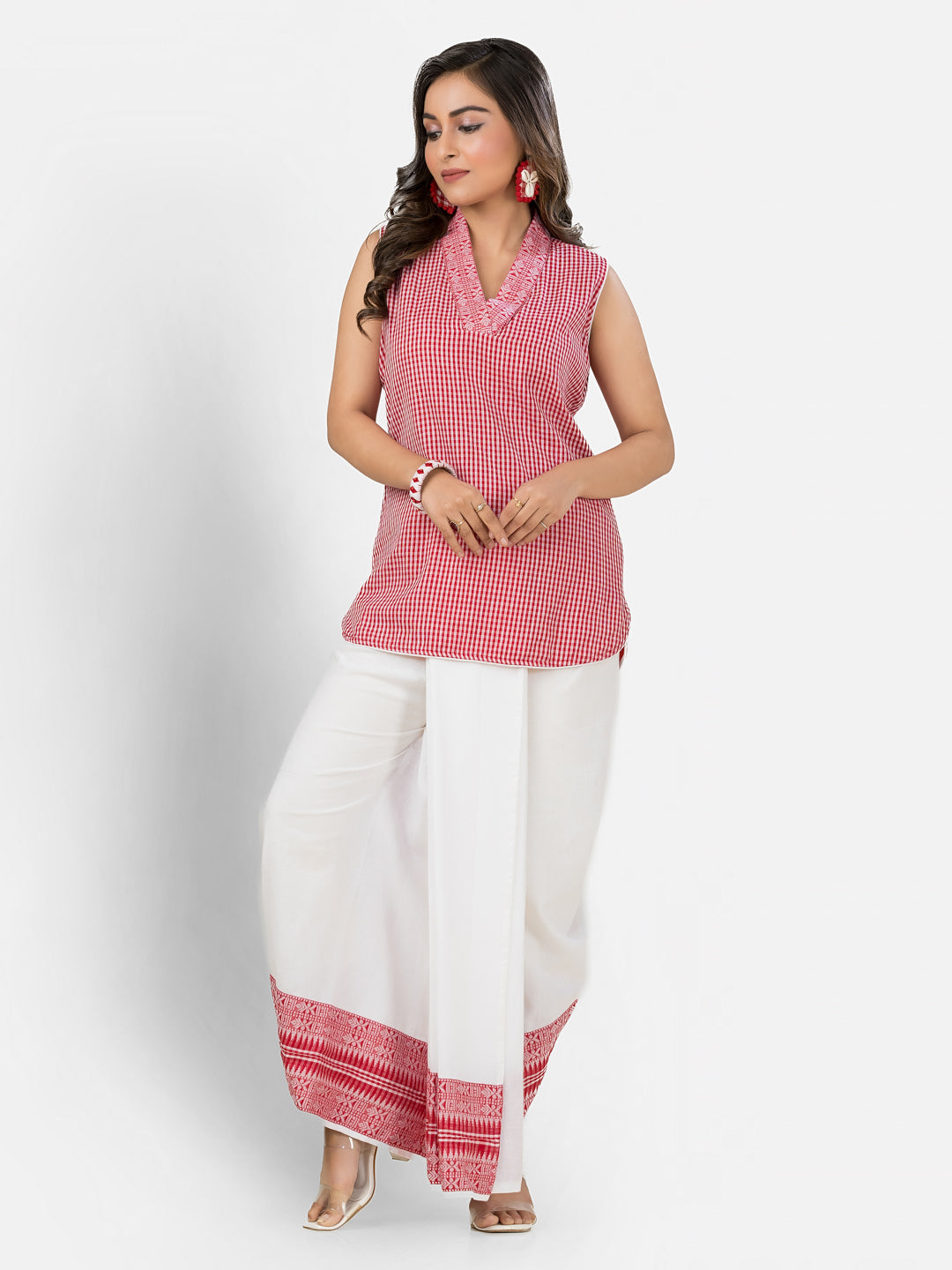 Women's Red Dhonekhali Wrapped Dhoti Co-ord Set