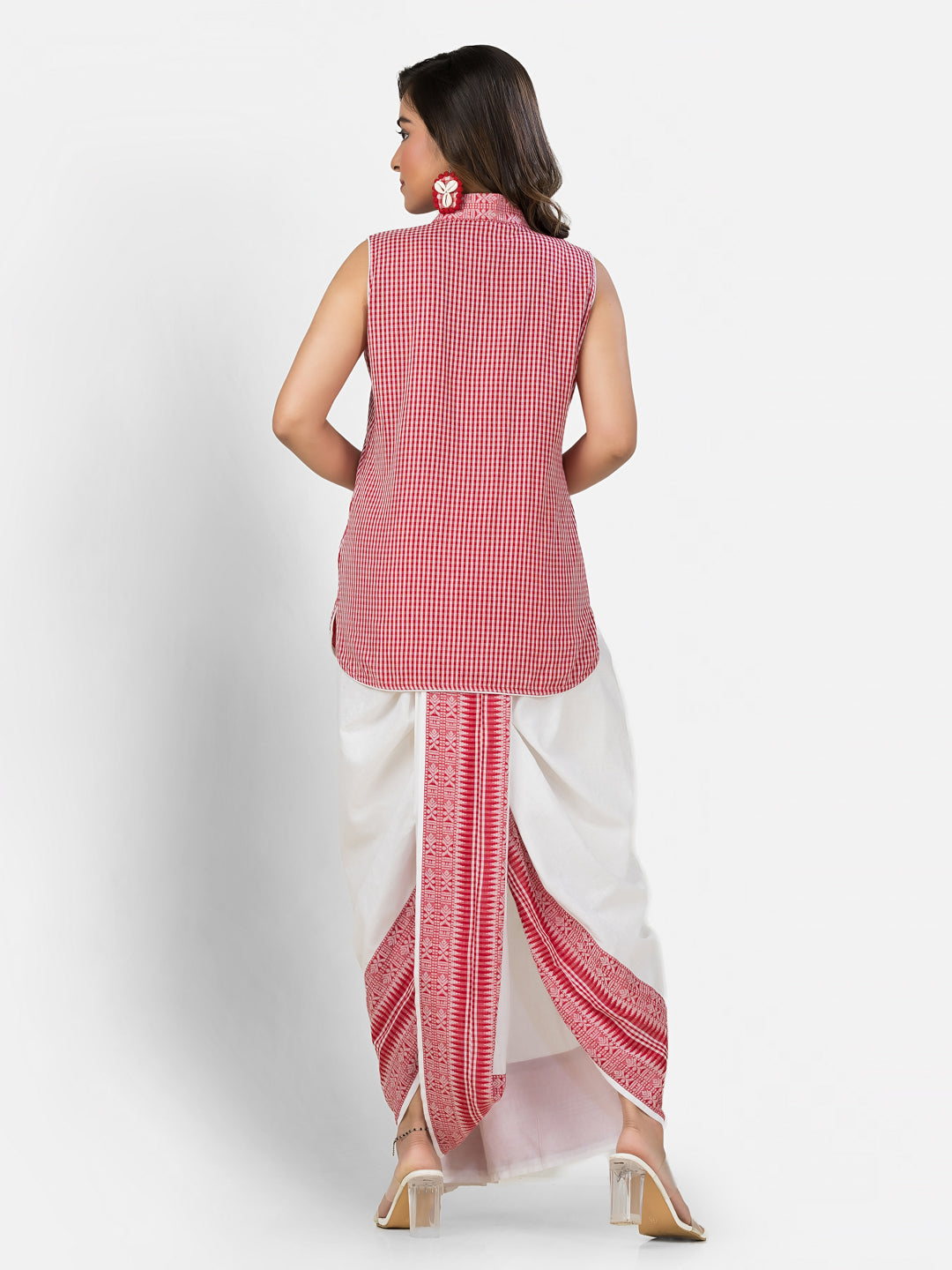 Women's Red Dhonekhali Wrapped Dhoti Co-ord Set