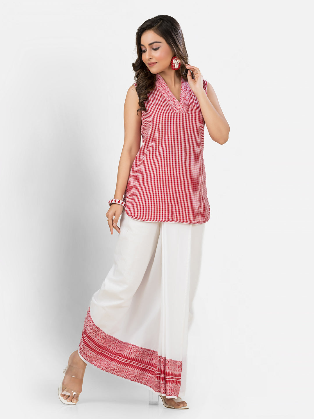 Women's Red Dhonekhali Wrapped Dhoti Co-ord Set