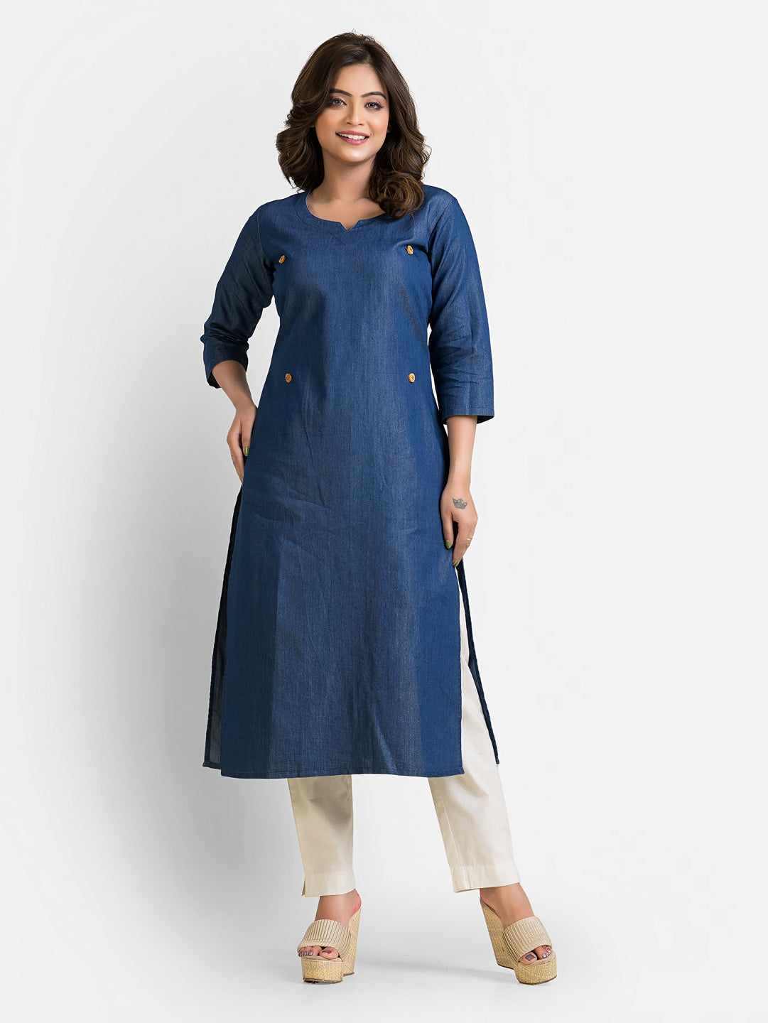 Women's 3/4 Sleeves Detachable Patchwork Denim Blue Kurta