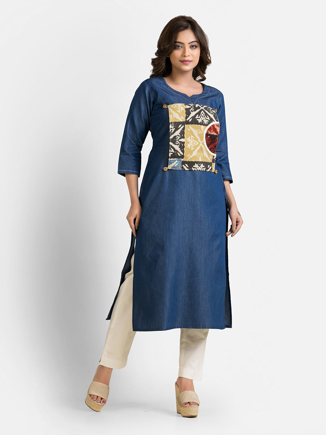 Women's Ajrakh Patchwork Denim Blue Kurta