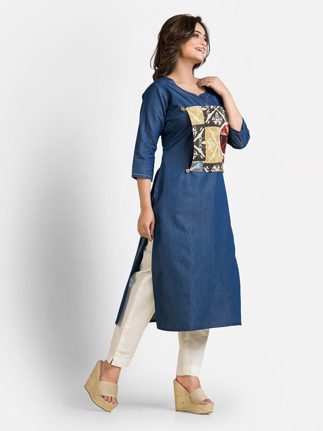 Women's Ajrakh Patchwork Denim Blue Kurta