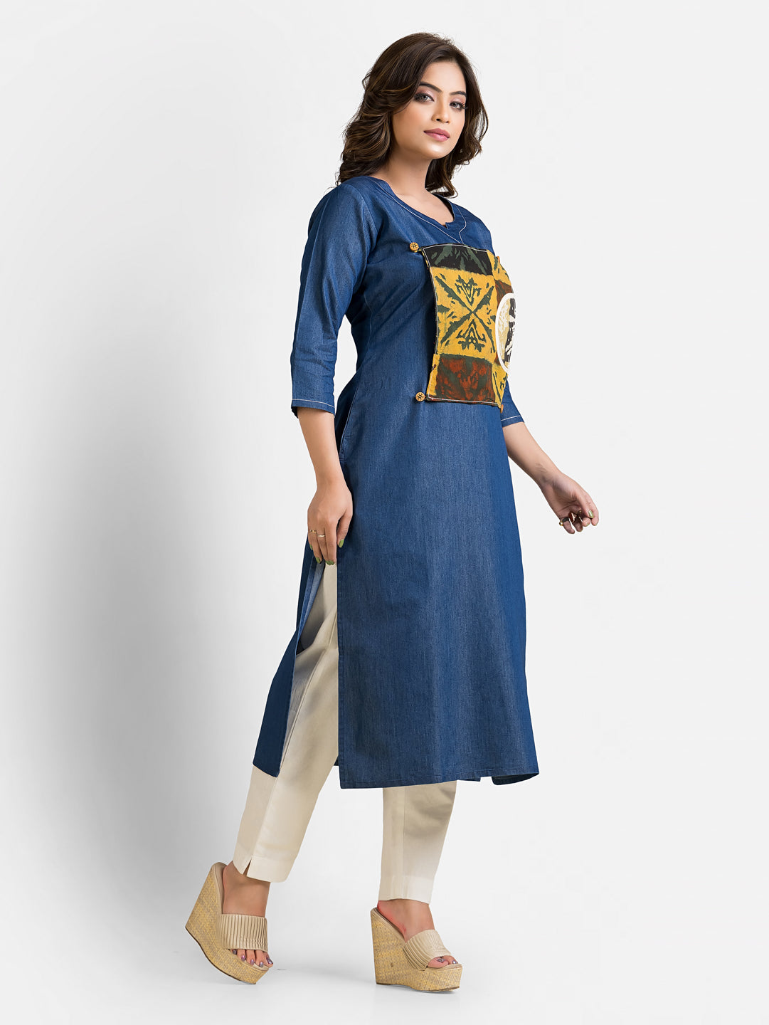 Women's Ajrakh Patchwork Denim Kurta