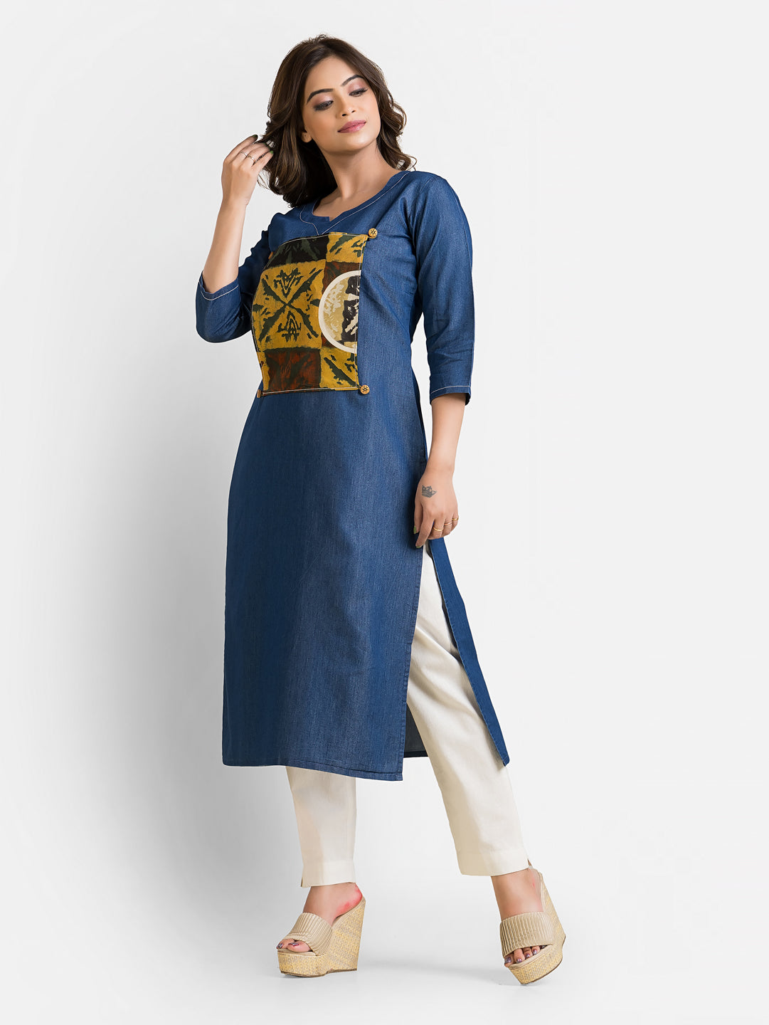 Women's Ajrakh Patchwork Denim Kurta