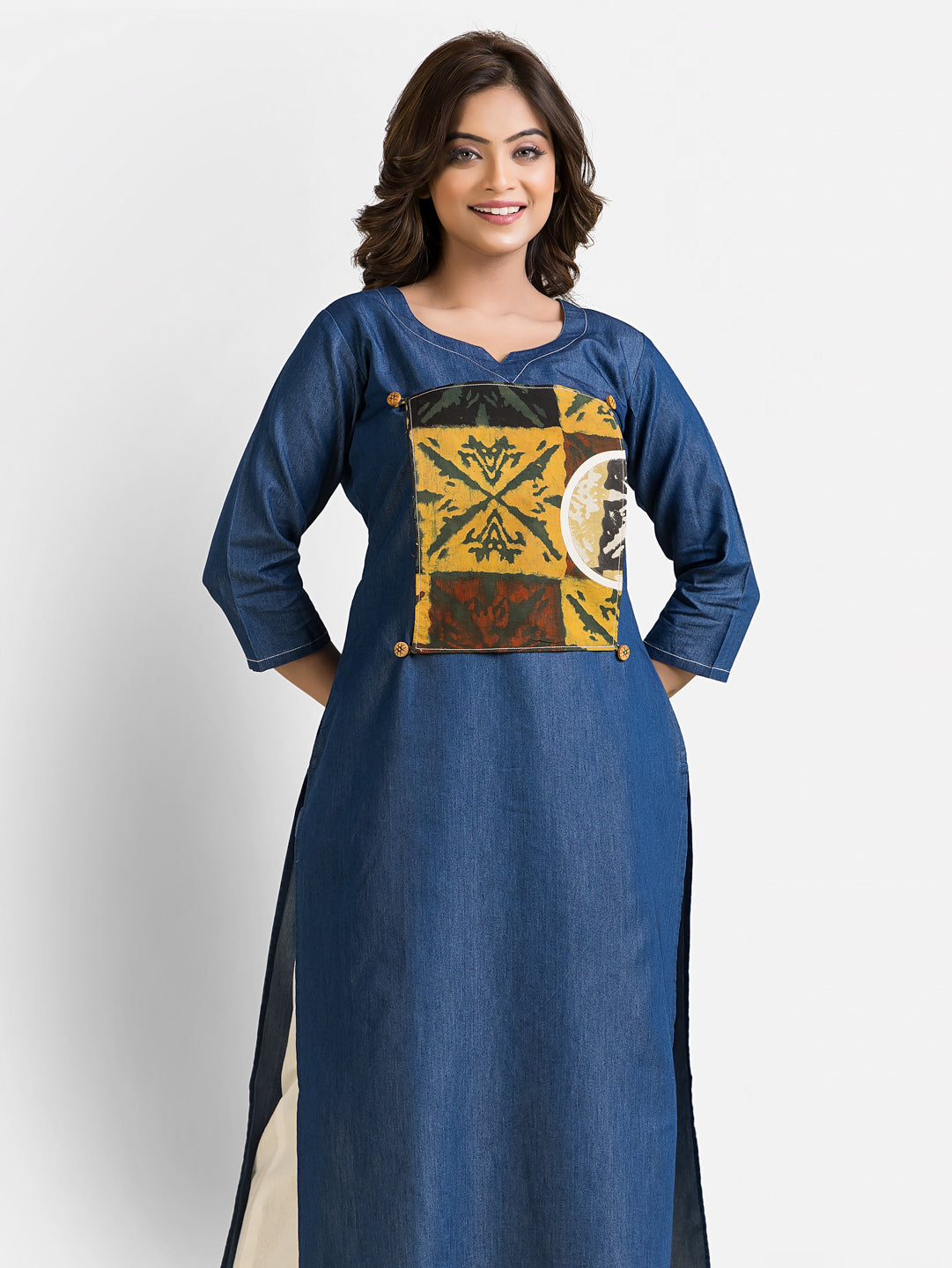 Women's Ajrakh Patchwork Denim Kurta