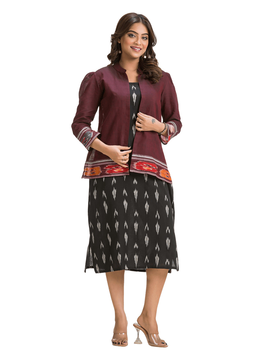 Women's Black Cotton Dress With Wine Dhanikhali Jacket