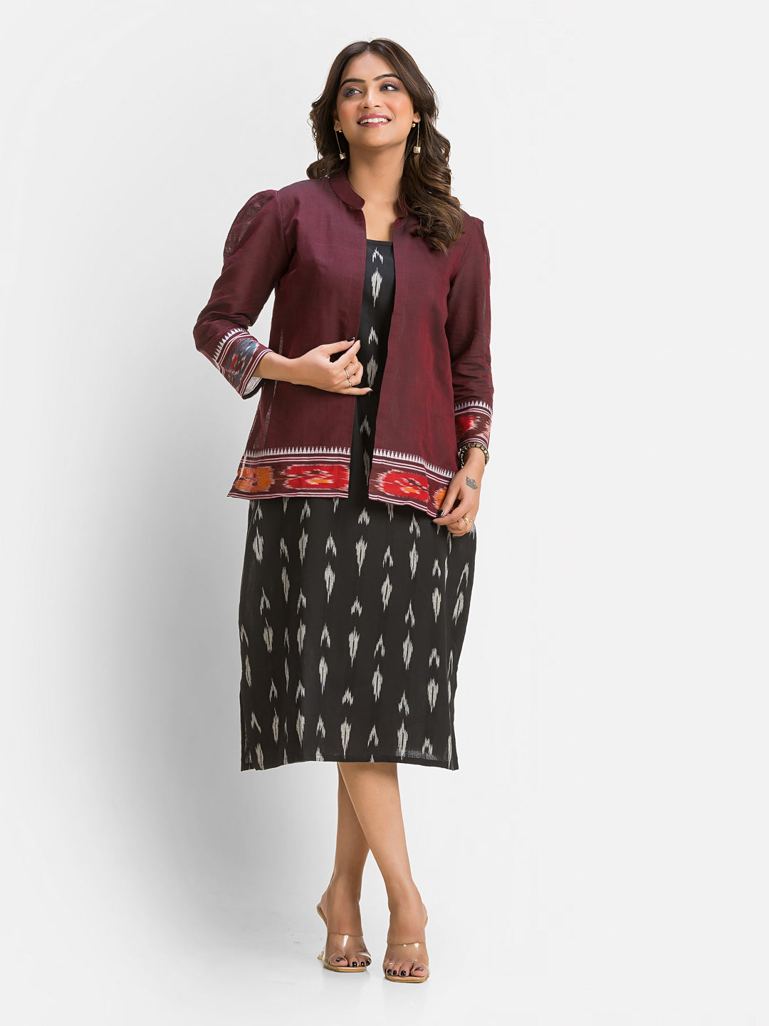 Women's Black Cotton Dress With Wine Dhanikhali Jacket