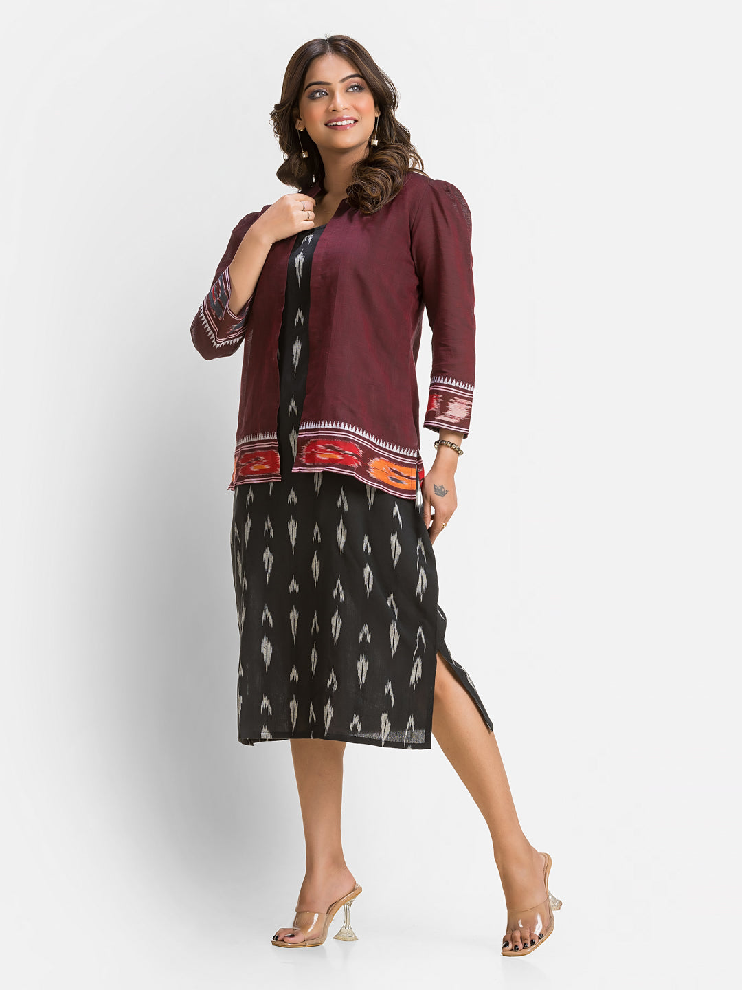 Women's Black Cotton Dress With Wine Dhanikhali Jacket