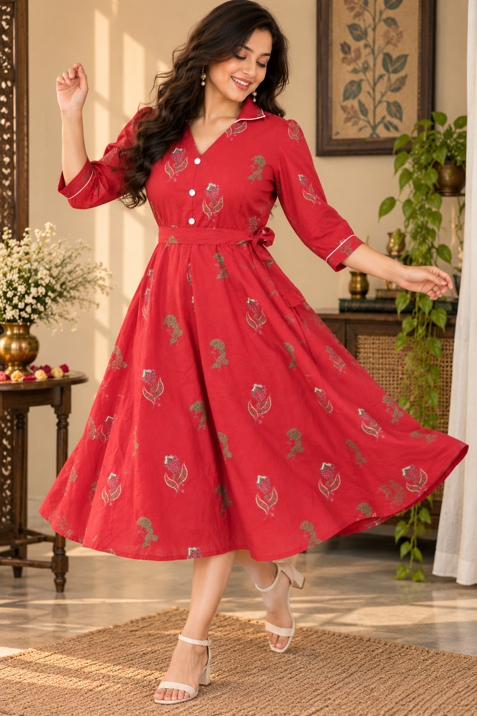 Women's Red Lapel Collar Dress