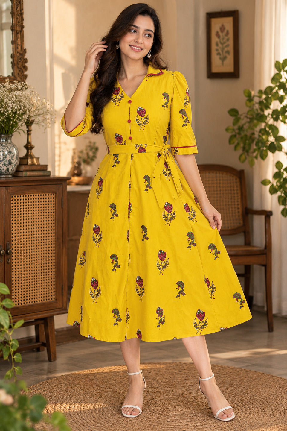 Women's Yellow Lapel Collar Dress