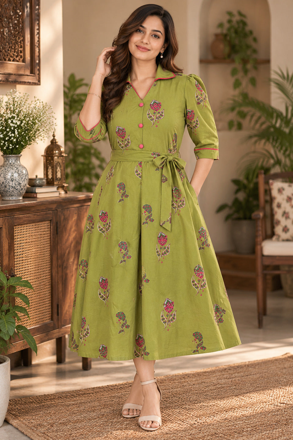 Women's Green Lapel Collar Dress