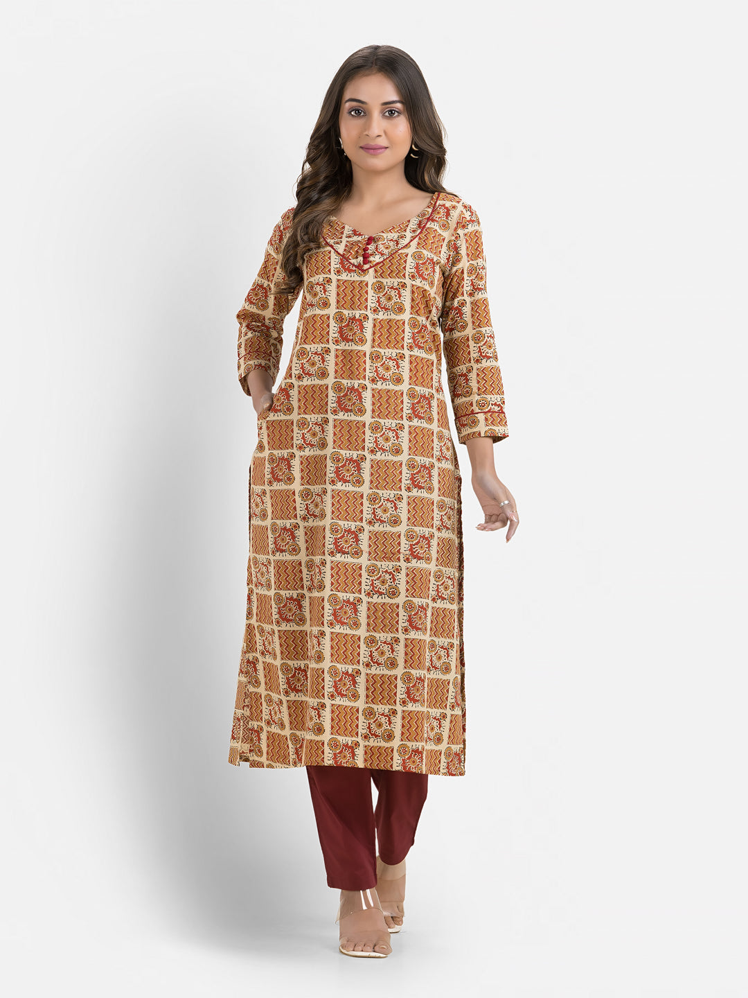 Women's Cotton Block Printed Sweet Heart Neck Kurta