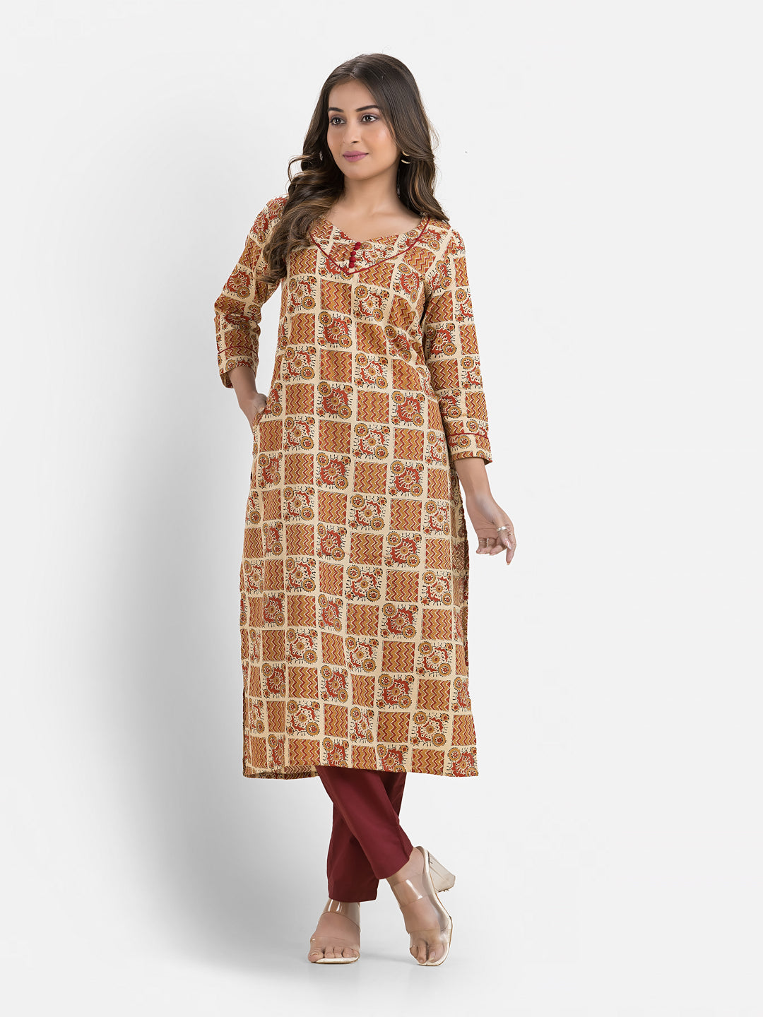 Women's Cotton Block Printed Sweet Heart Neck Kurta