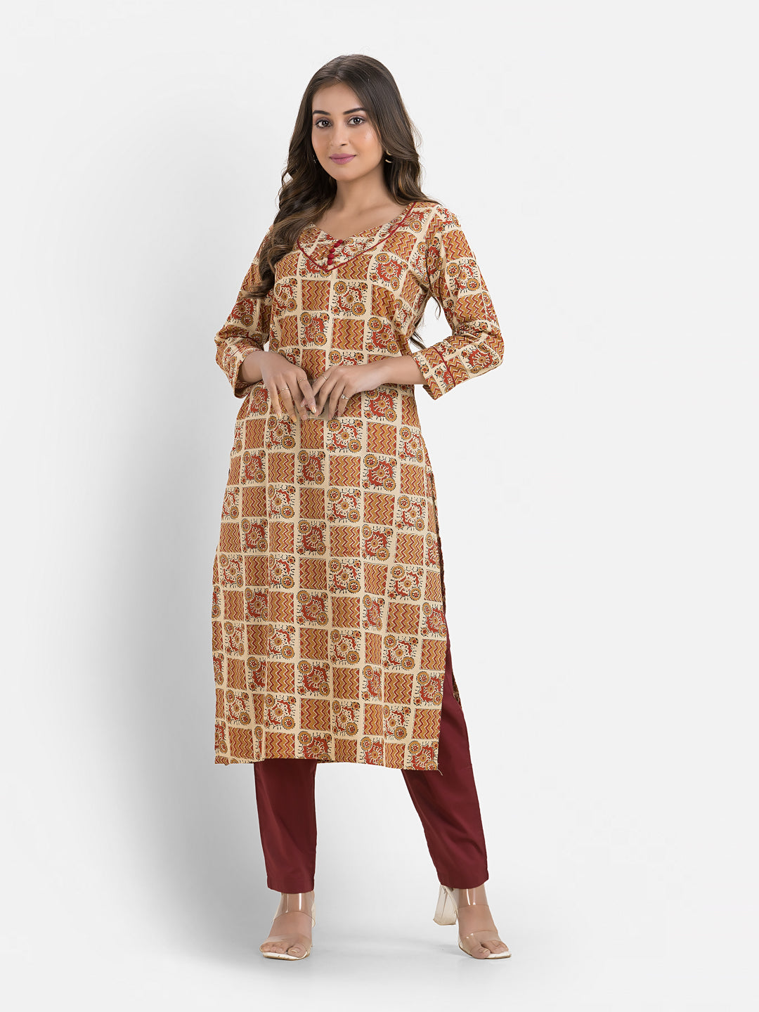 Women's Cotton Block Printed Sweet Heart Neck Kurta