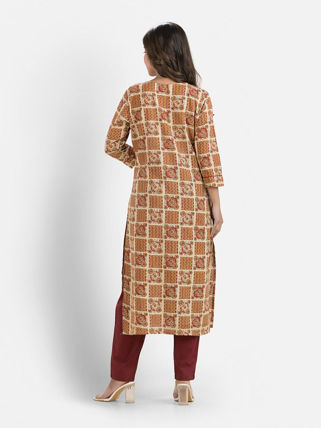 Women's Cotton Block Printed Sweet Heart Neck Kurta