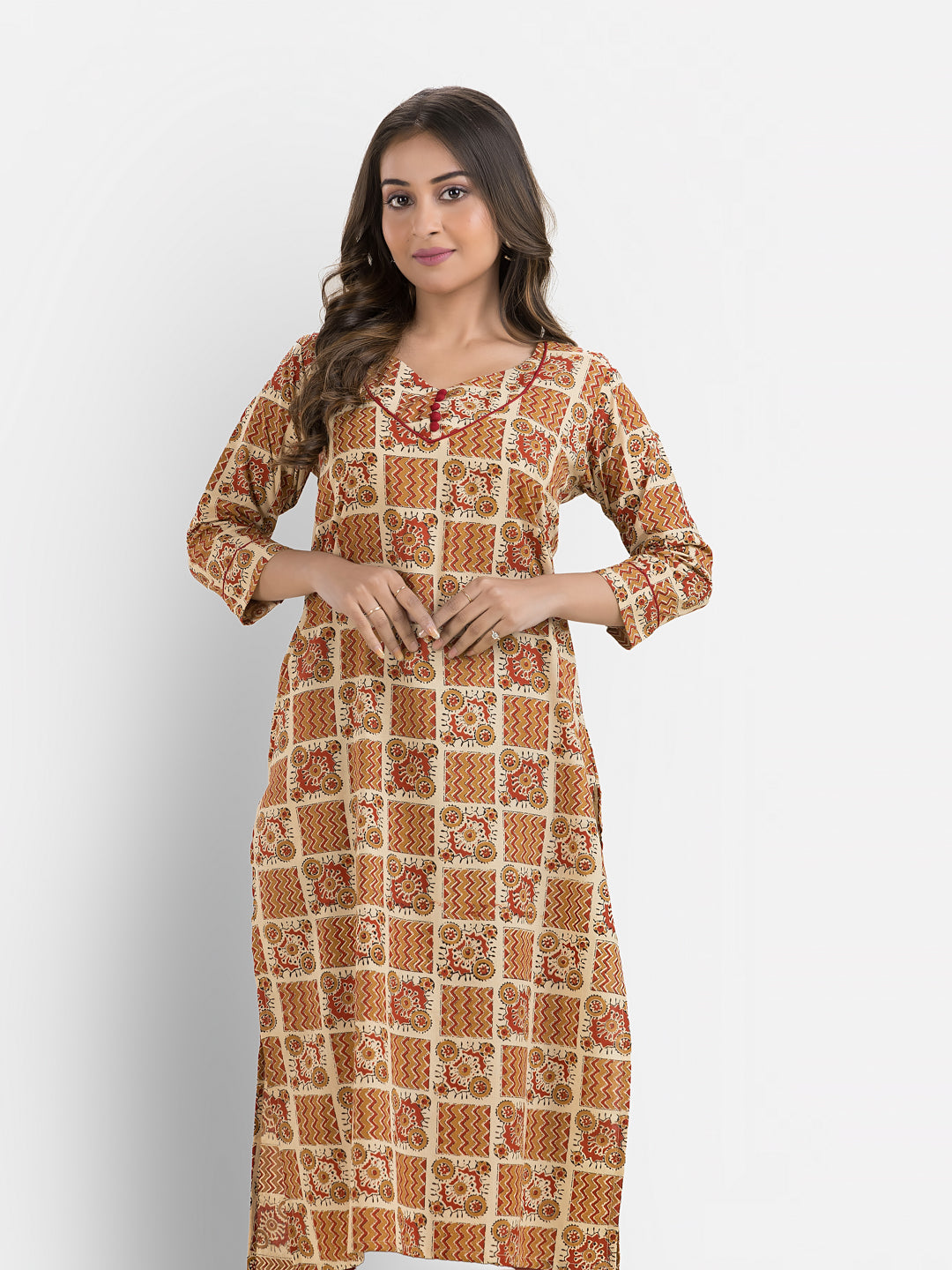 Women's Cotton Block Printed Sweet Heart Neck Kurta