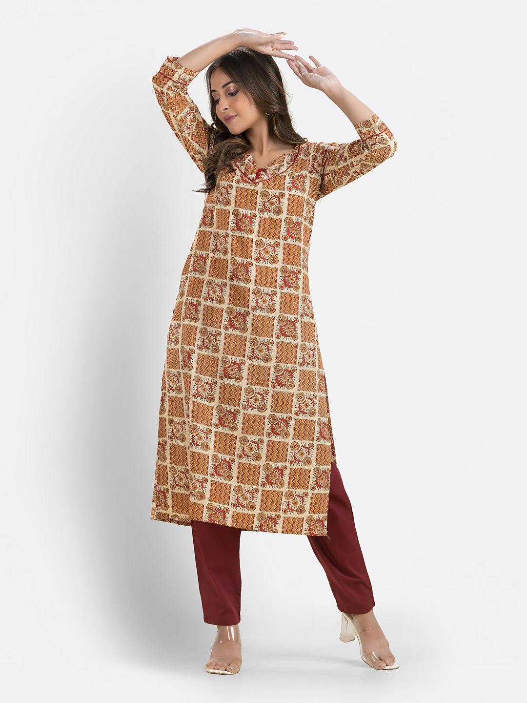 Women's Cotton Block Printed Sweet Heart Neck Kurta