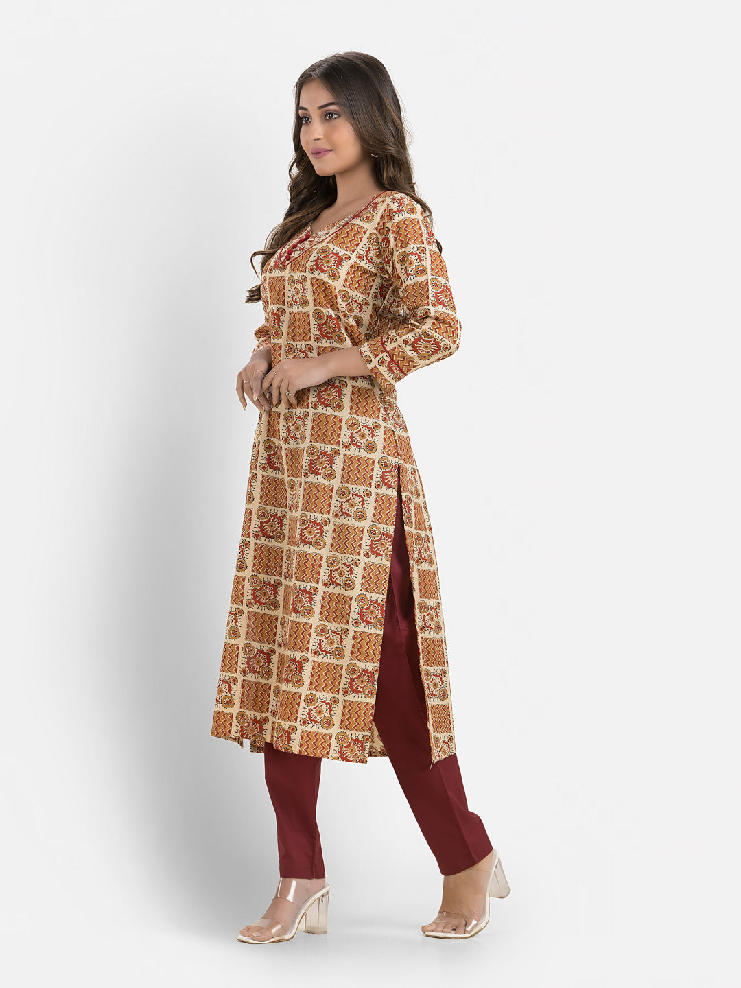 Women's Cotton Block Printed Sweet Heart Neck Kurta