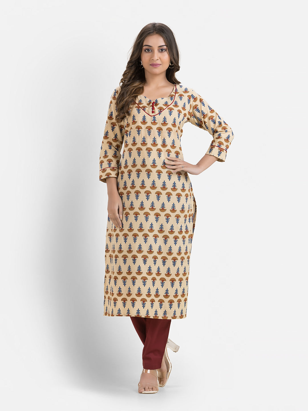 Women's Cotton Sweet Heart Neck Light Beige Kurta