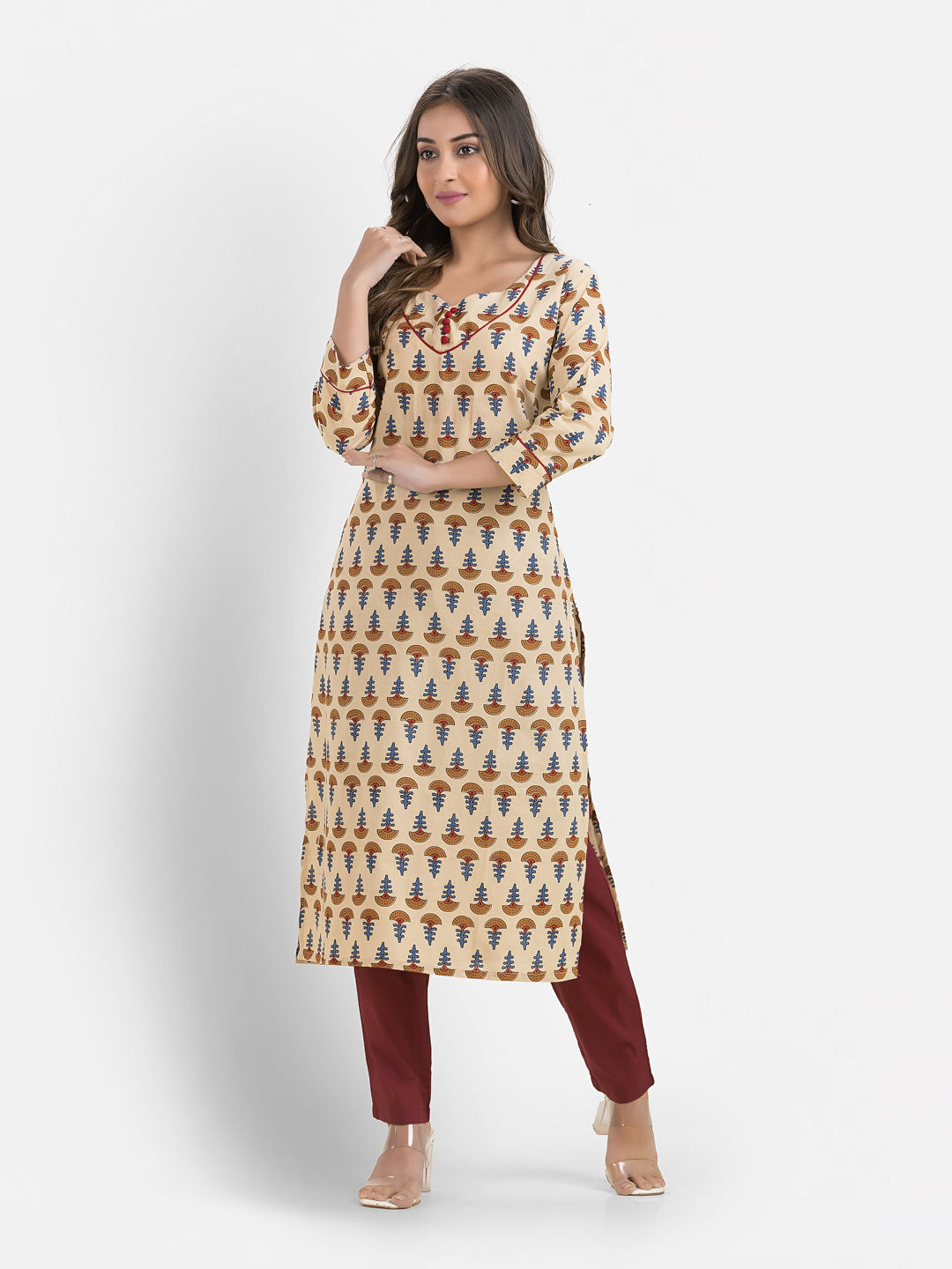 Women's Cotton Sweet Heart Neck Light Beige Kurta