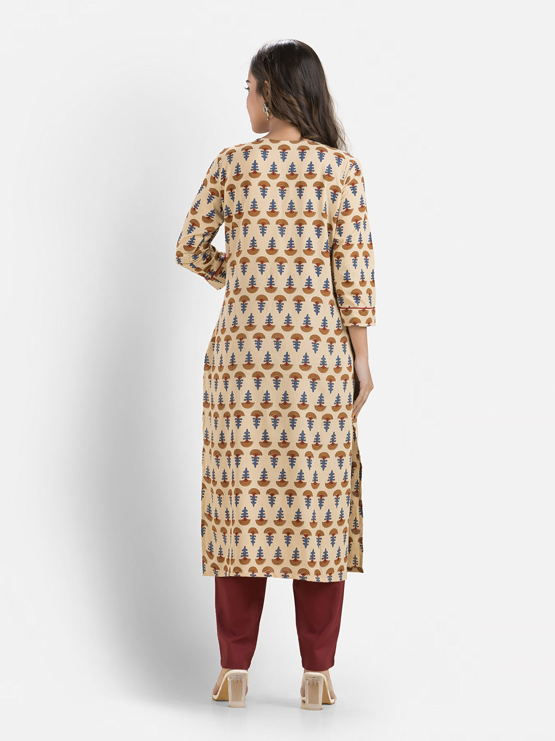Women's Cotton Sweet Heart Neck Light Beige Kurta