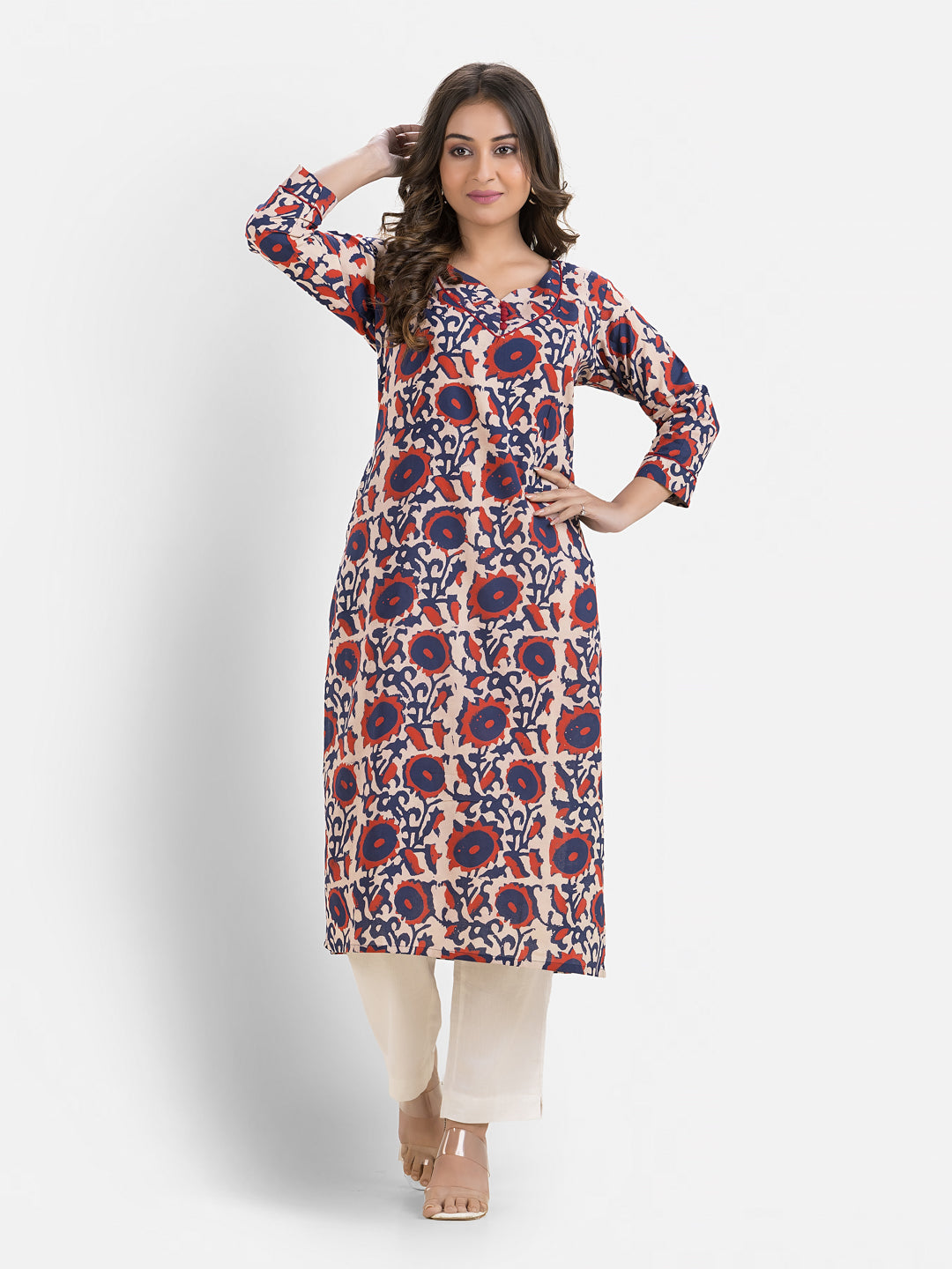 Women's Sweet Heart Neck Cotton Blue Kurta