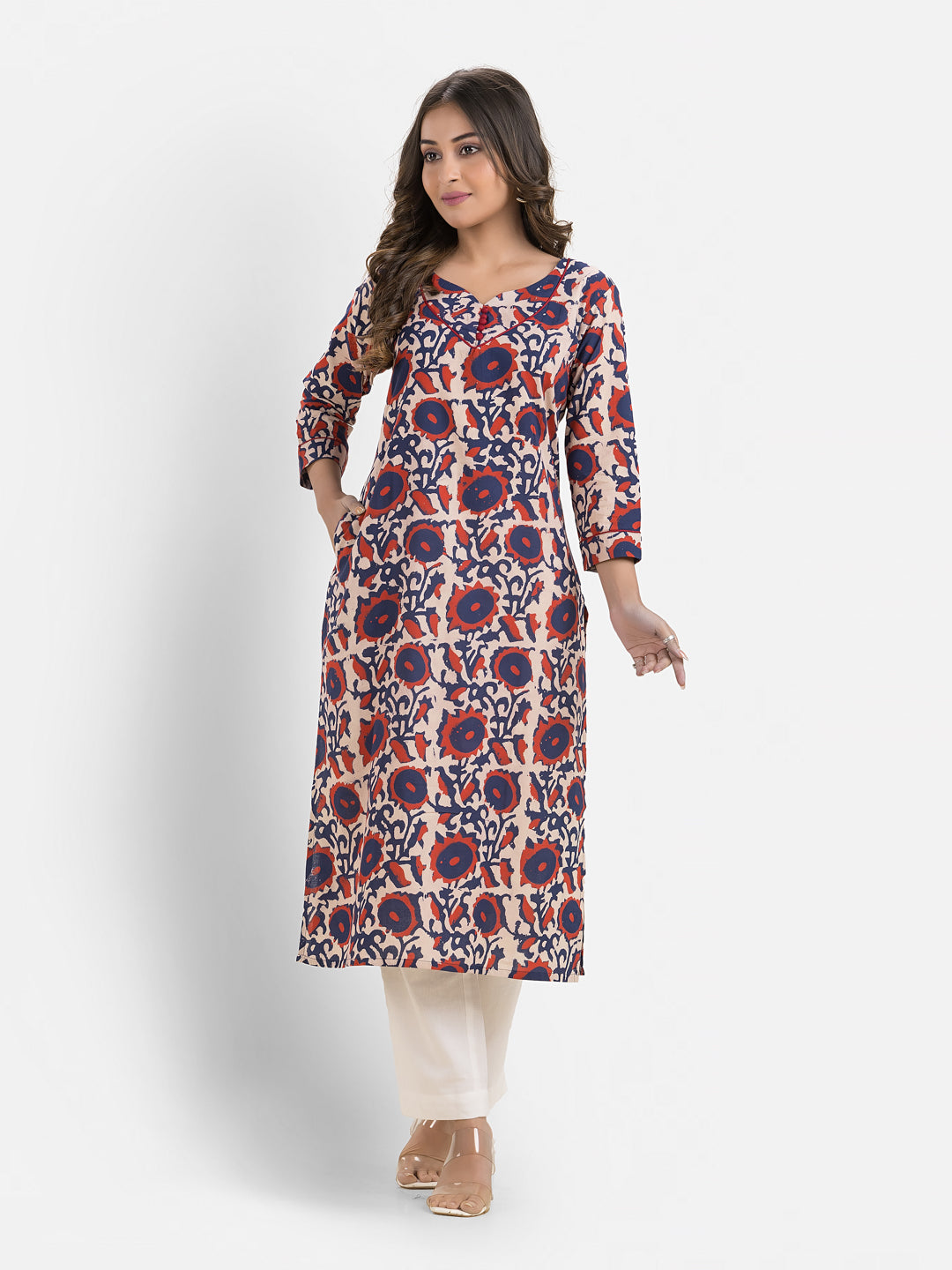 Women's Sweet Heart Neck Cotton Blue Kurta