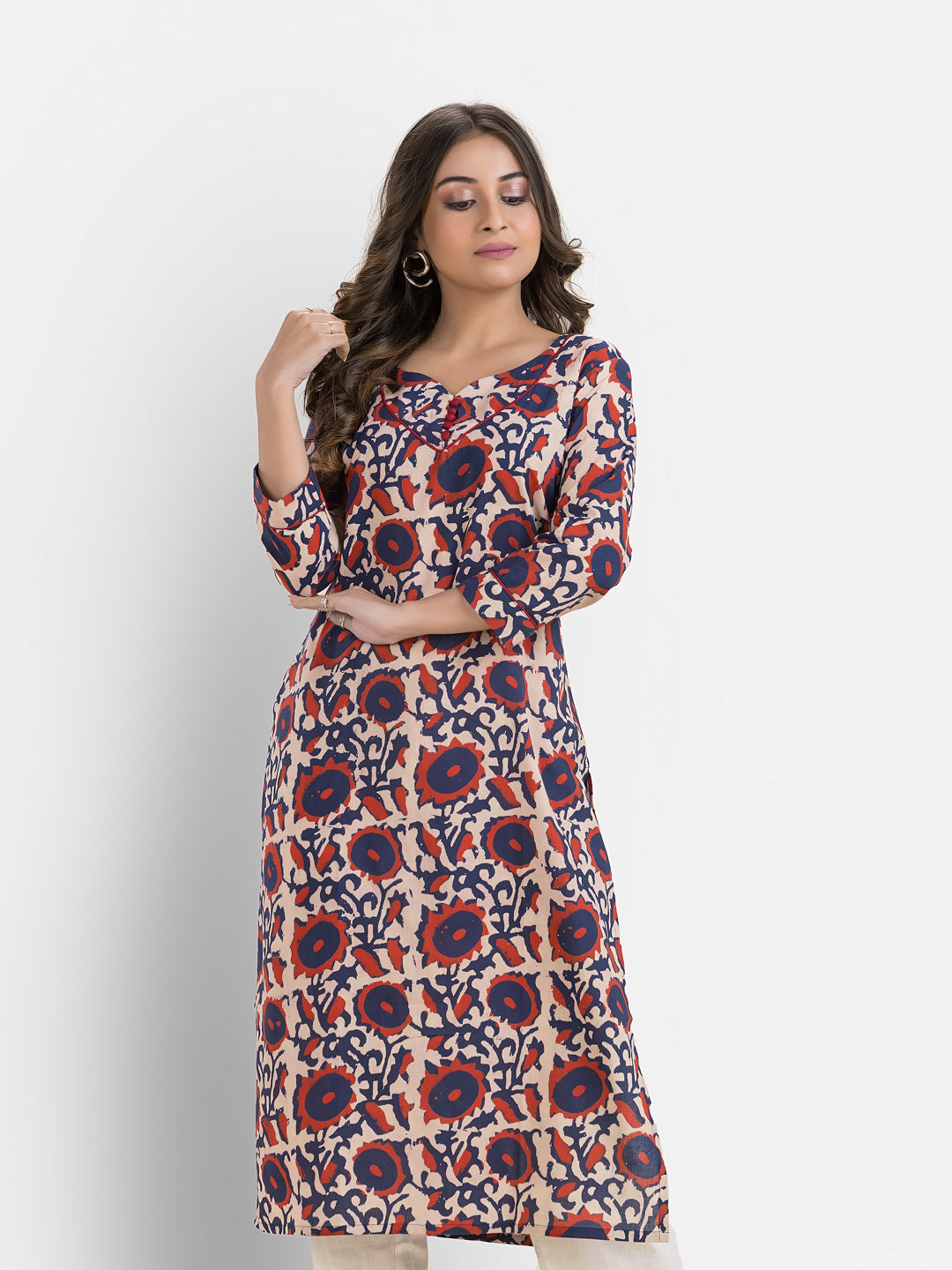 Women's Sweet Heart Neck Cotton Blue Kurta