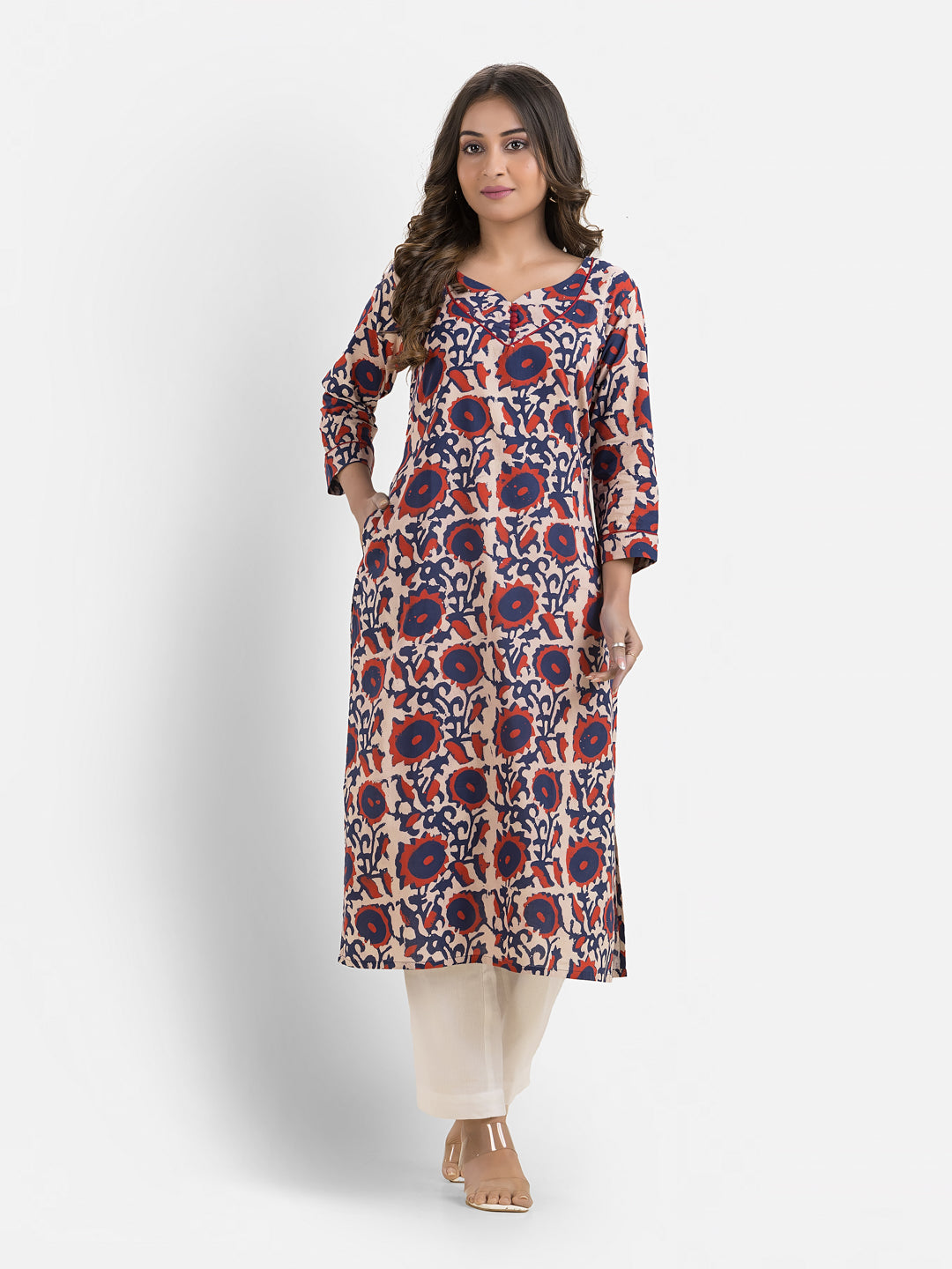 Women's Sweet Heart Neck Cotton Blue Kurta