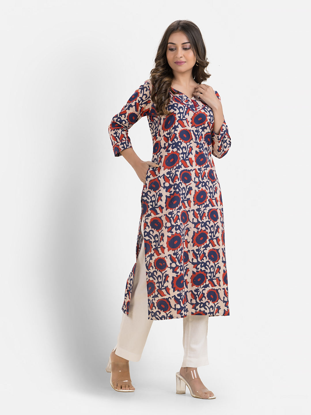 Women's Sweet Heart Neck Cotton Blue Kurta