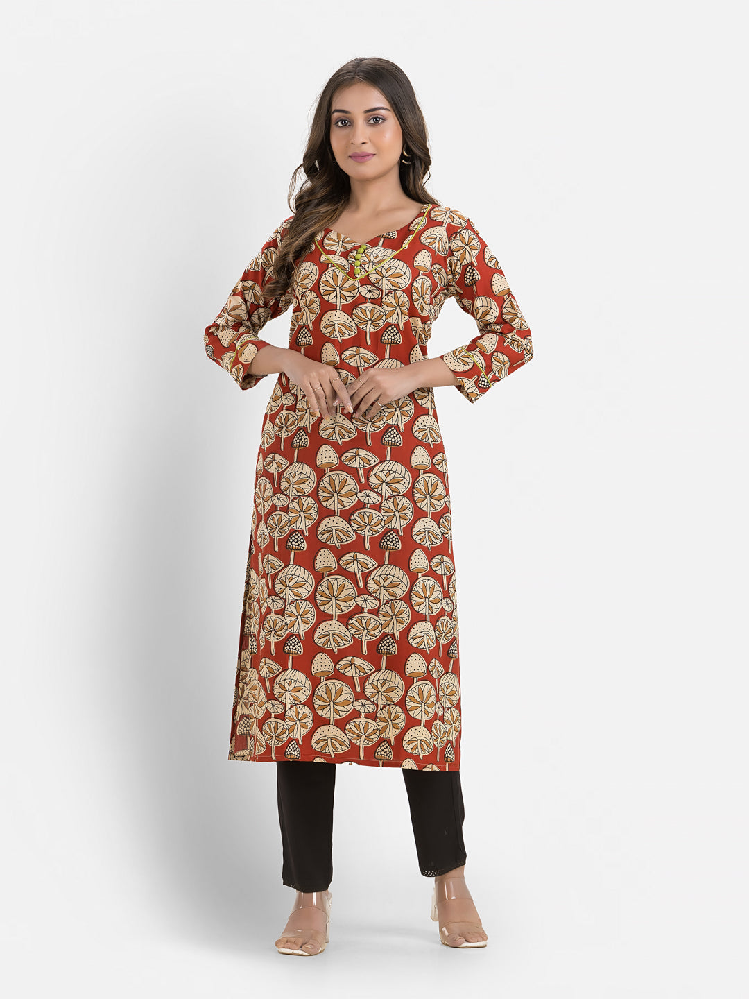 Women's Cotton Sweet Heart Neck Red Kurta