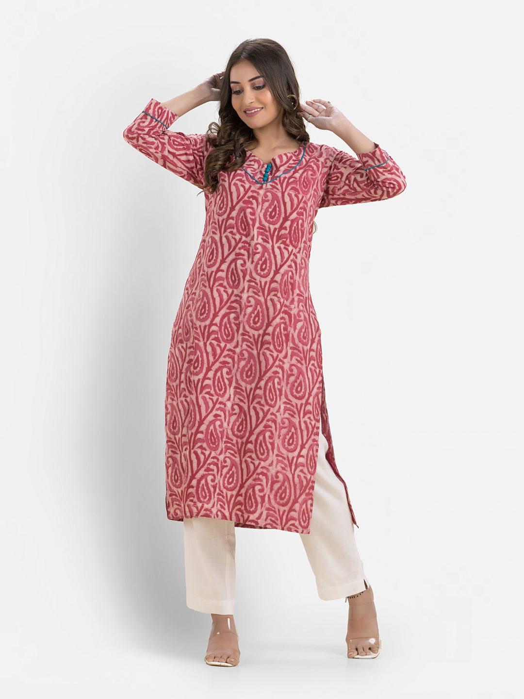 Women's Sweet Heart Neck Cotton Pink Kurta