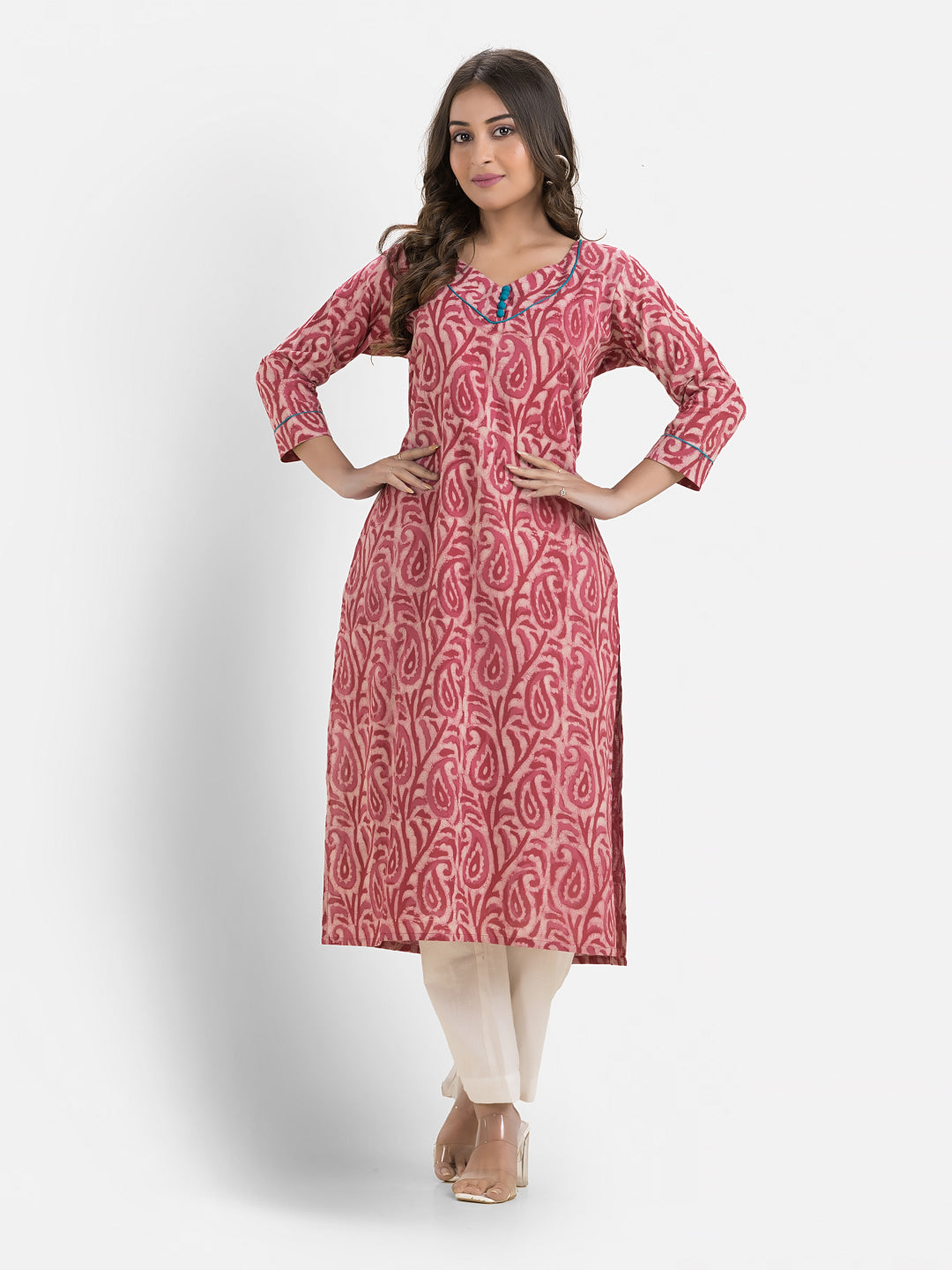 Women's Sweet Heart Neck Cotton Pink Kurta