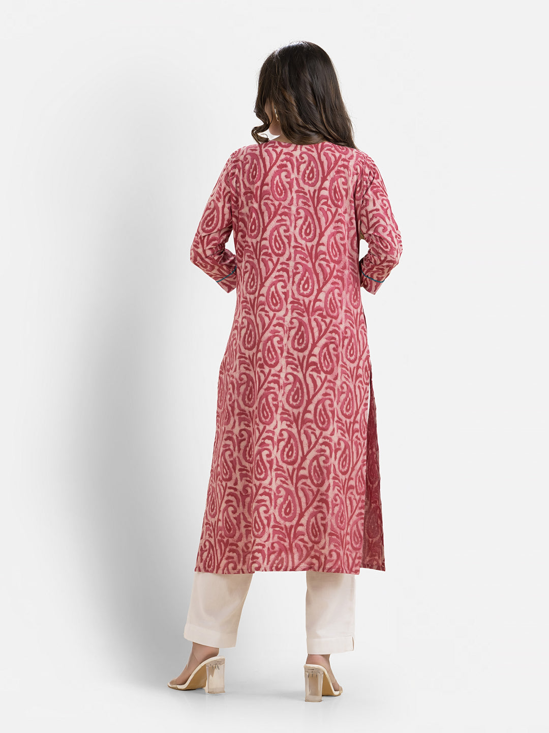 Women's Sweet Heart Neck Cotton Pink Kurta
