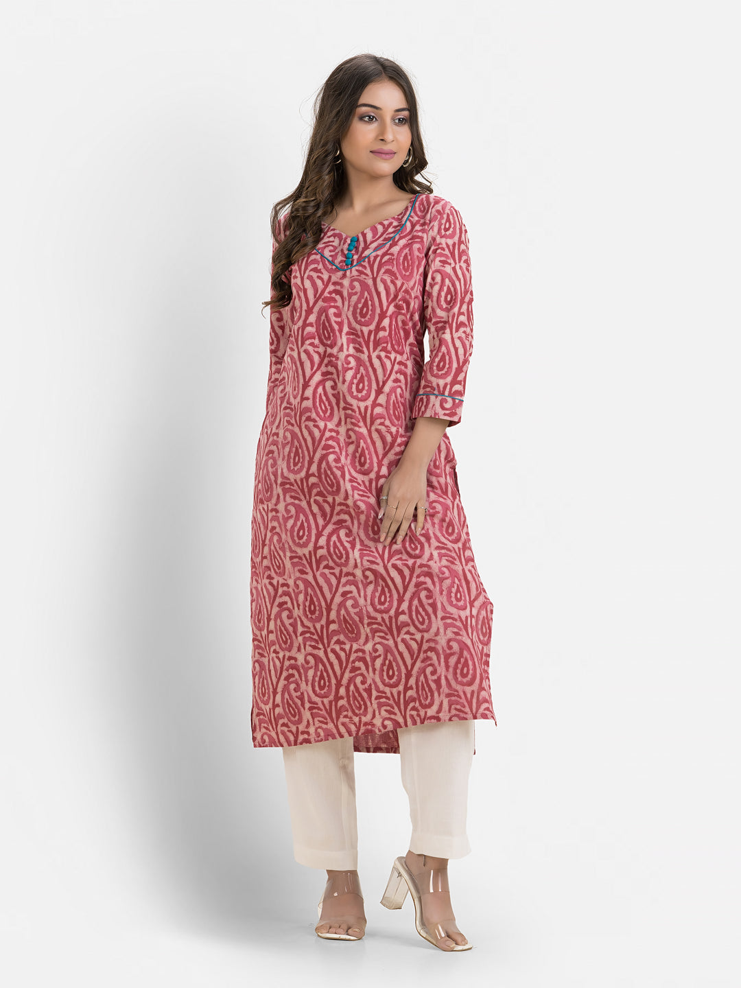 Women's Sweet Heart Neck Cotton Pink Kurta