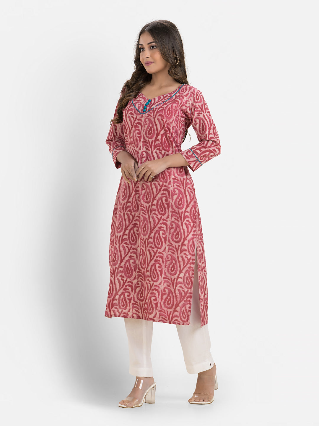 Women's Sweet Heart Neck Cotton Pink Kurta